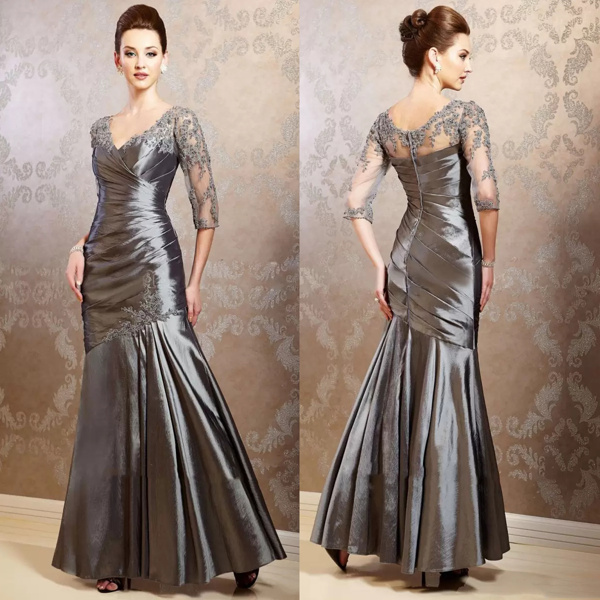 

Elegant Gray Mermaid Mother of the Bride Dresses Illusion Half Sleeve Lace Appliqued Pleats Mermaid Long Wedding Party Gowns Guest Dress Prom Formal Evening Wear