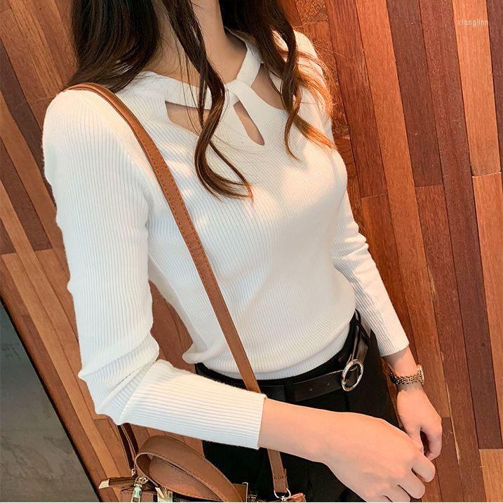 

Women's T Shirts Women's Hollow Long Sleeve Knitwear Sweater Elastic Bottom Shirt Tops Womens Clothing Korean Streetwear Y2k Clothes, White
