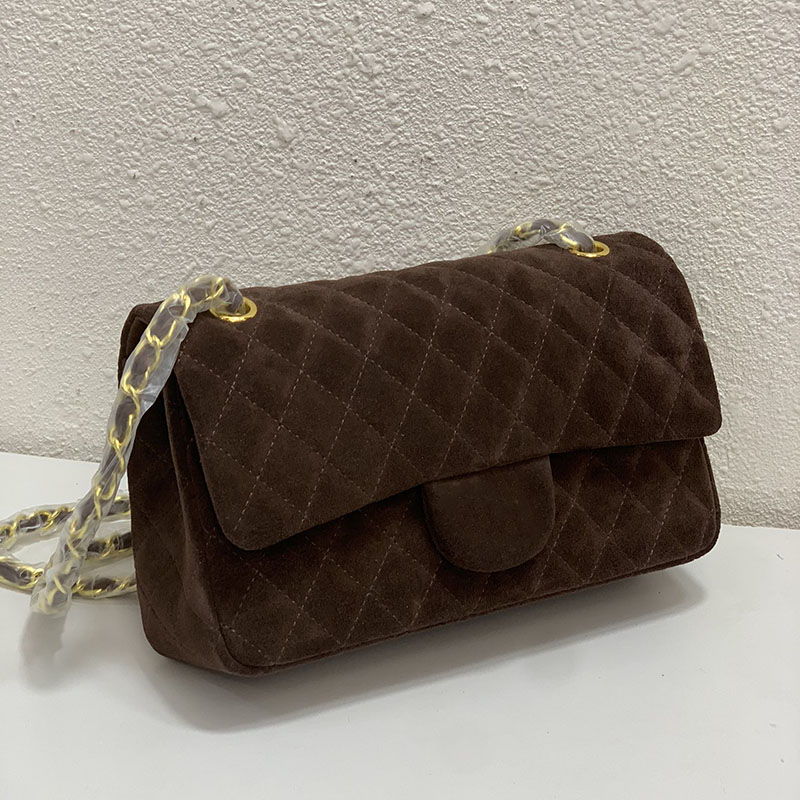 

CC Bags Luxury Brand Shoulder Bags Womens Nubuck Rubbed Brown Shoulder Bags Classic Double Flap Purse Pochette Gold Metal Matelasse Chain Cr, Box