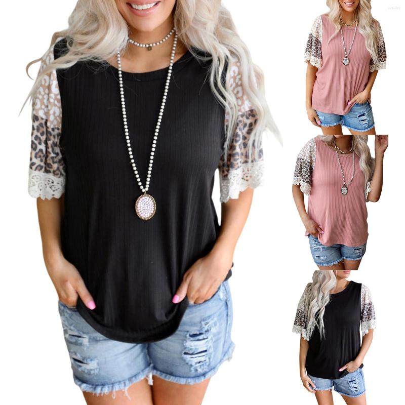 

Women's T Shirts Mock Neck Tee Shirt Womens Short Sleeve Top Leopard Print Colorblock Lace Hem Summer Crew Compression Women, Black