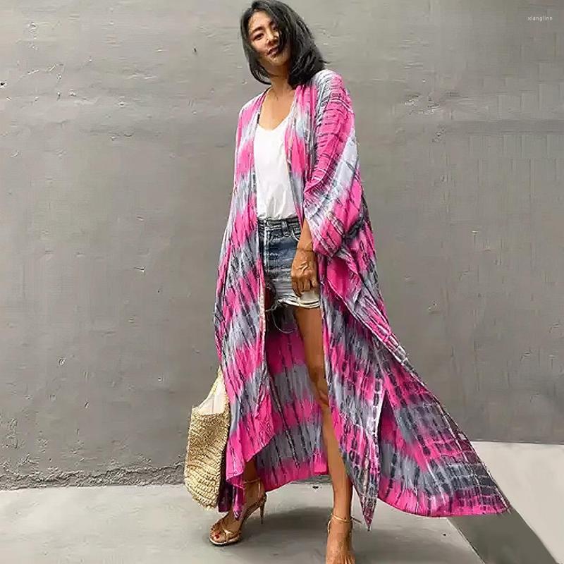 

Women's Swimwear Women Swimsuit Cover Up Cardigan Color Striped Print Sexy Bikini Beach Dresses Female Bath Outlet Kimono Sarong Pareo, Pink gray kaftan