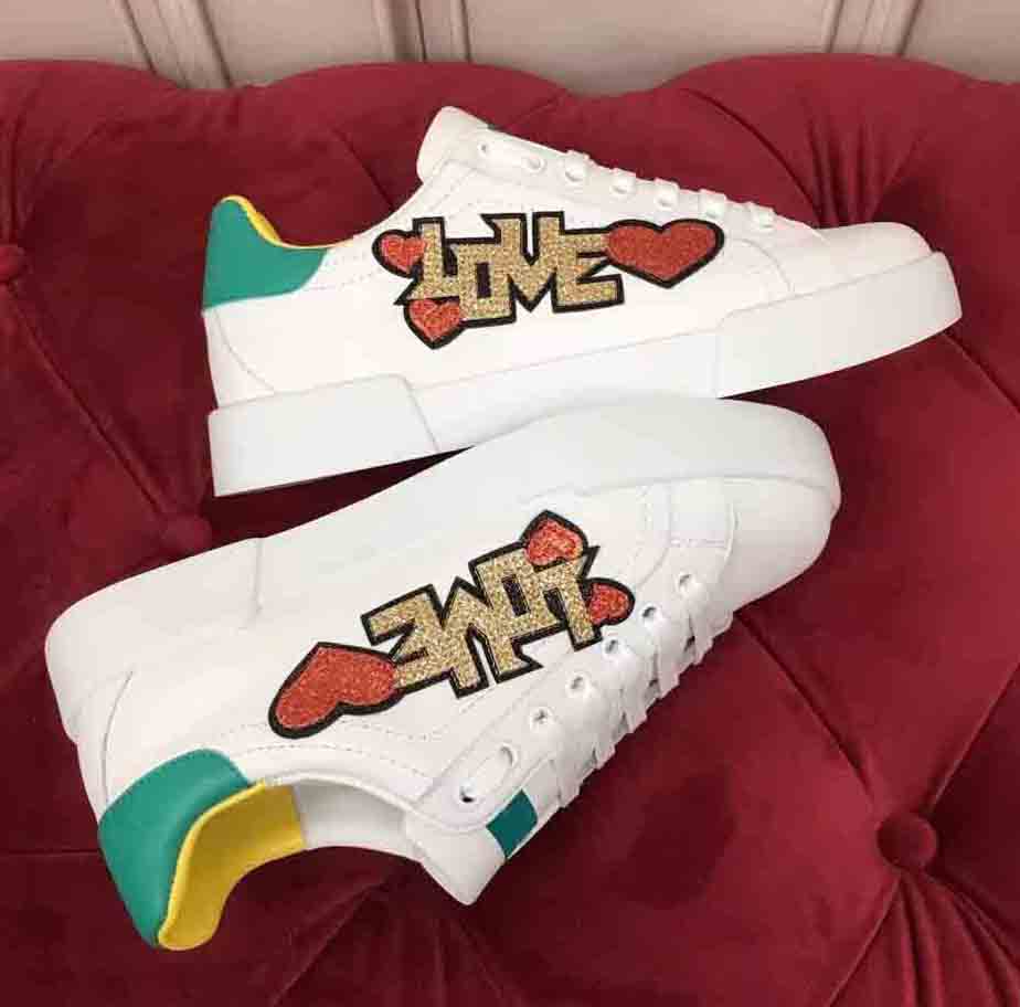 

Women casual shoes low tops sneakers portofino sheepskin leathers Graffiti sequins Love kiss luxury designer lace up trainers white platform shoe 35-46