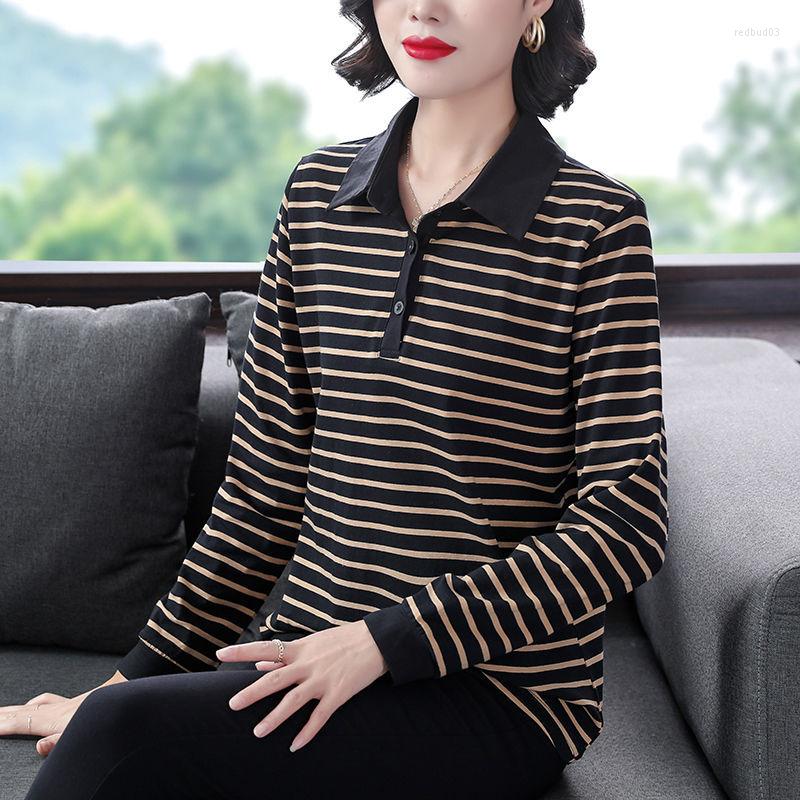 

Women's T Shirts Pure Cotton Lapel Striped Long-sleeved T-shirt Female 2022 Large Size Loose Bottoming Shirt Polo With Collar Clothes Tide, Blue