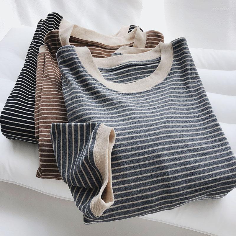 

Women's T Shirts Soft White And Thick Striped Long Sleeve Round Neck Shirt For Women Loose Thin Leggings Top Winter, Black