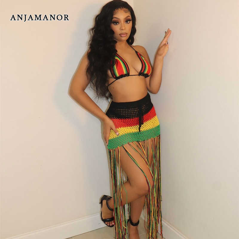 

Women's Two Piece Pants ANJAMANOR Crochet Fringed Beach Dress Sexy Vacation Outfits for Women Bikini Top and Long Maxi Skirt Two Piece Sets D30-DI25 T221217, Multi
