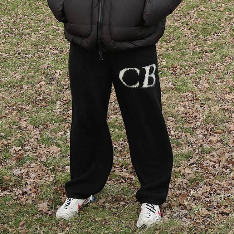 

Men' pants minimal letter jacquard wool trousers High street loose casual knitting trousers Male, Black