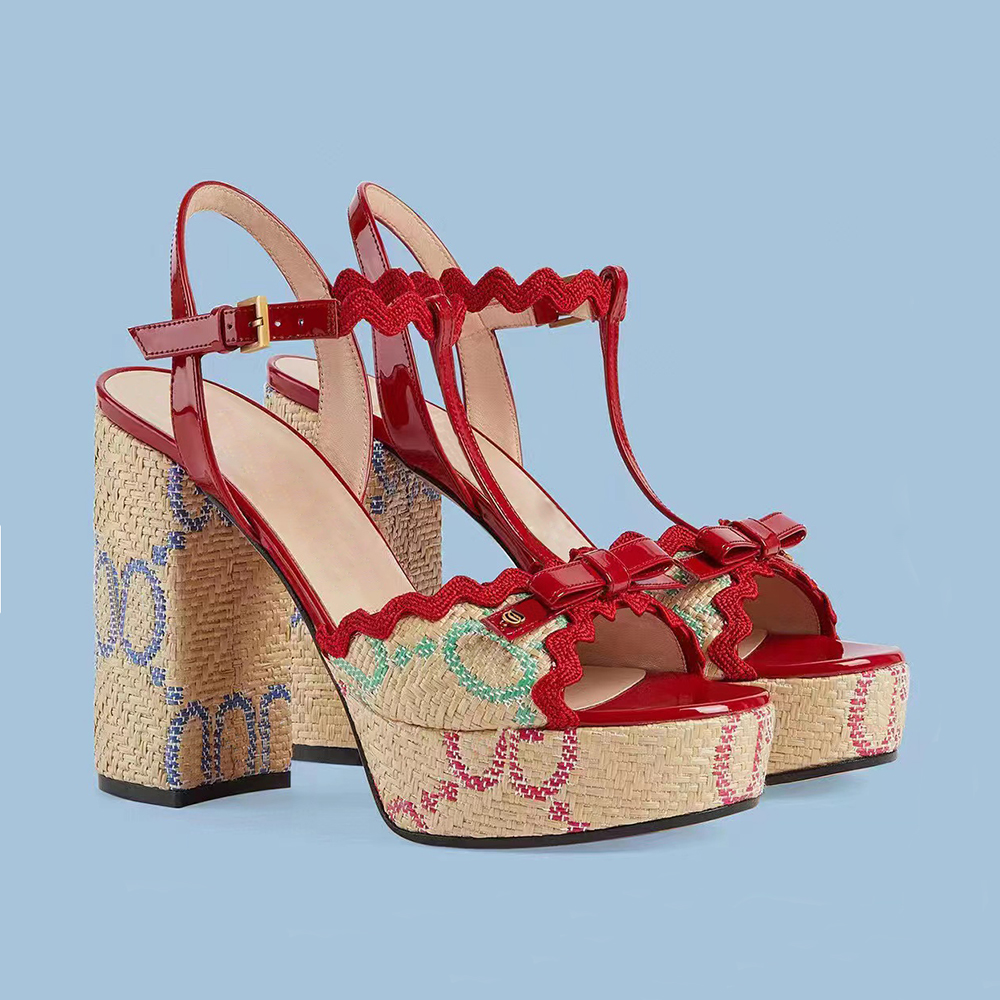 

Lafite weaving sandals Luxury Designers dress shoes Embroidery Embellished Ankle strap platform Pumps chunky high Heels sandal12CM high Heeled women sandal, Red 1#