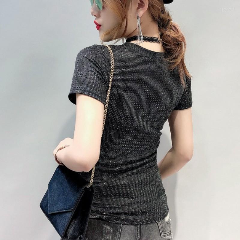 

Women' T Shirts Fashion Women Bling T-shirt Summer Short Sleeve Slim Fit Tees Female Cloth Top O Neck Stretchy Night Clubwear, Black