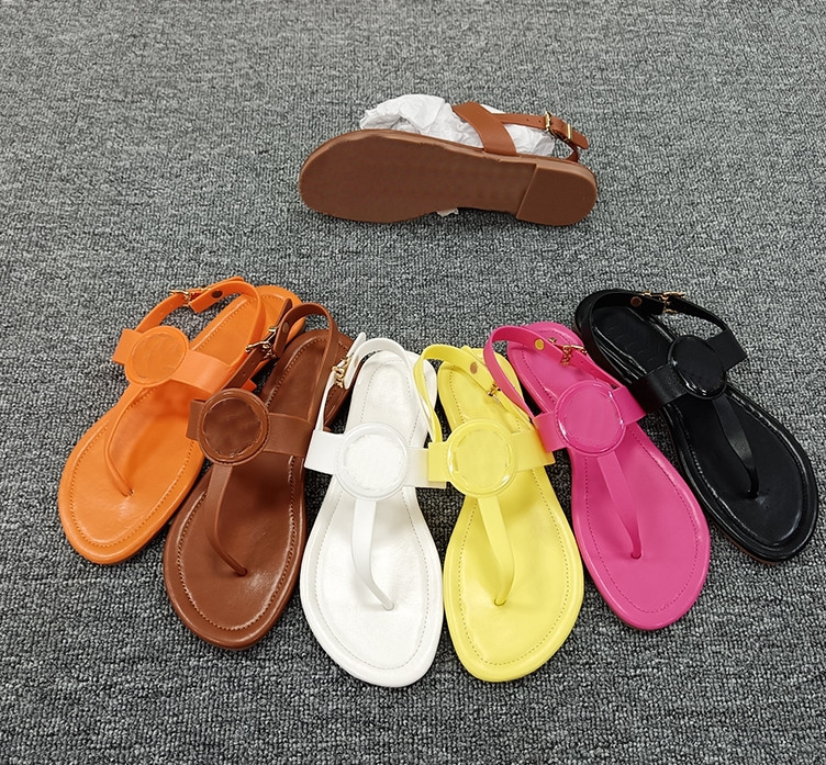 

New Sandals Women Plaid Leather Fashion Leisure Beach Flip Flops Flat Bottom Metal Chain Slides Womens Sandals, Orange
