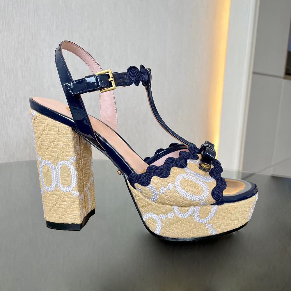 

Lafite weaving sandals Luxury Designers dress shoes Embroidery Embellished Ankle strap platform Pumps chunky high Heels sandal12CM high, Khaki