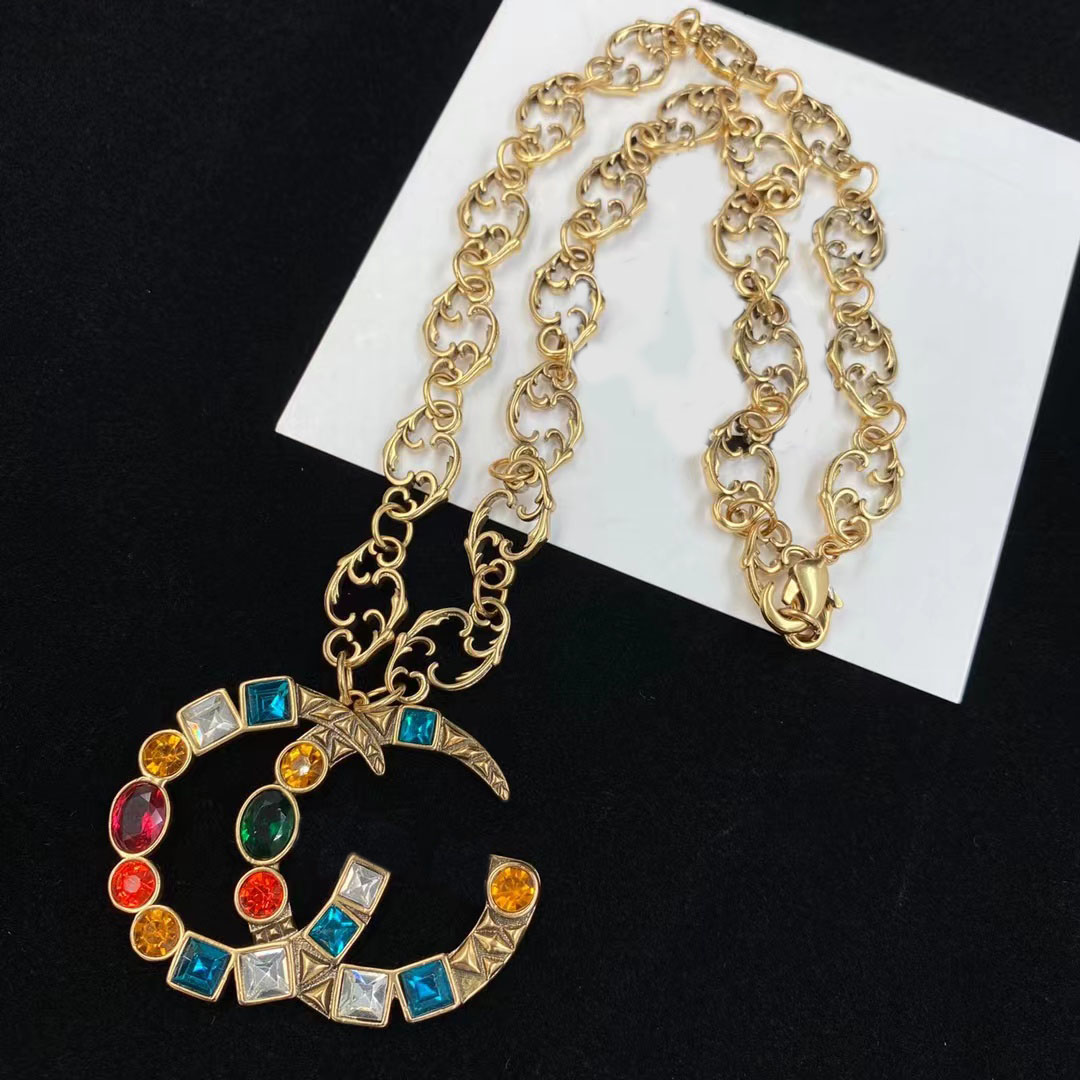 

Colorful diamond necklace earrings set brass material vintage pattern chain necklace aretes luxury earring designer for woman wedding party high quality with box, Colored diamond