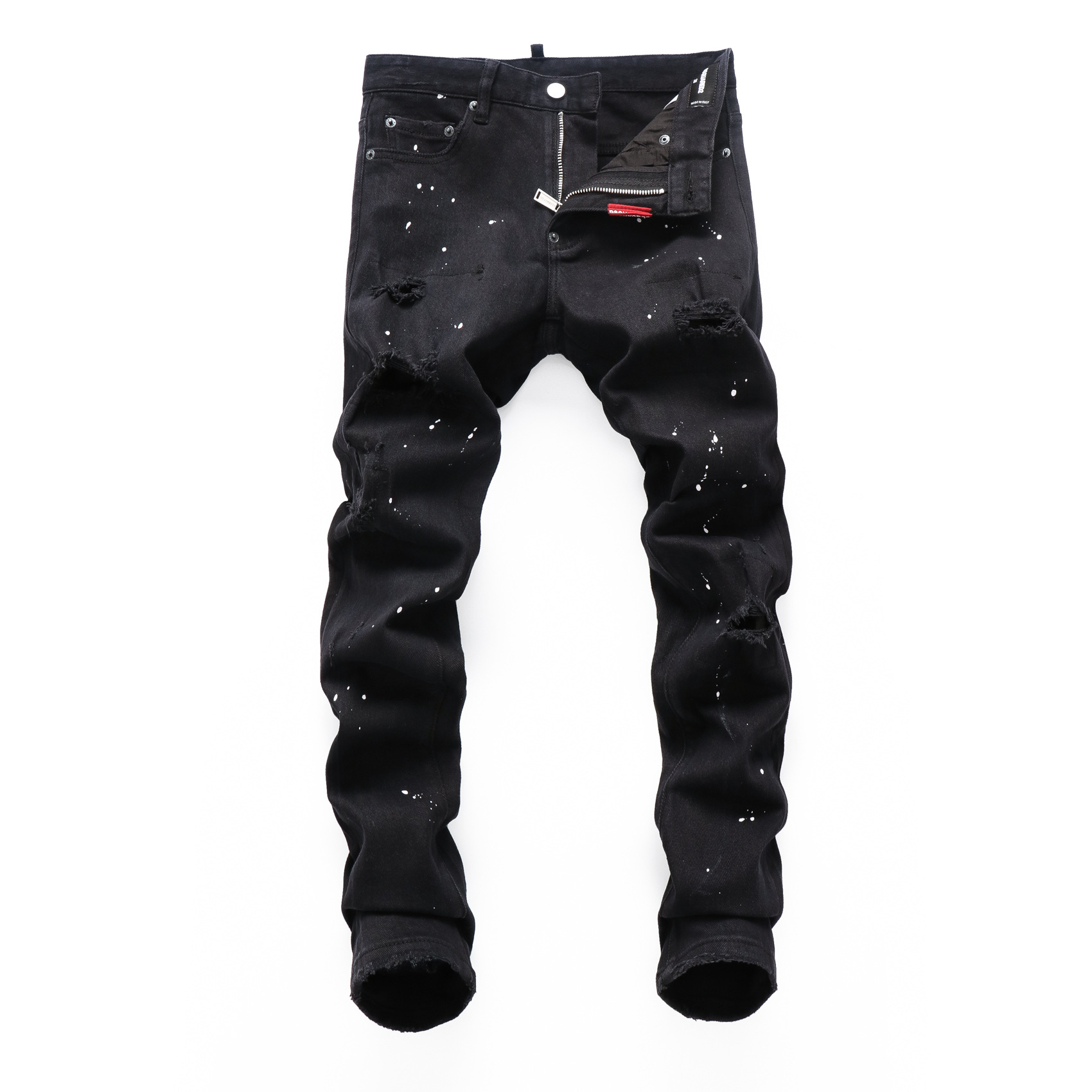 Men&#039;s Jeans Autumn And Winter Ripped Elastic Washed Patch Small Feet Tight Nightclub Fashion Black Pants-image-831701559