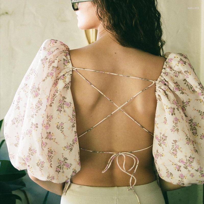 

Women's T Shirts Summer And Autumn Sexy Square Neck Floral Halter Straps Lantern Sleeves Short T-shirt Top Women, Picture color