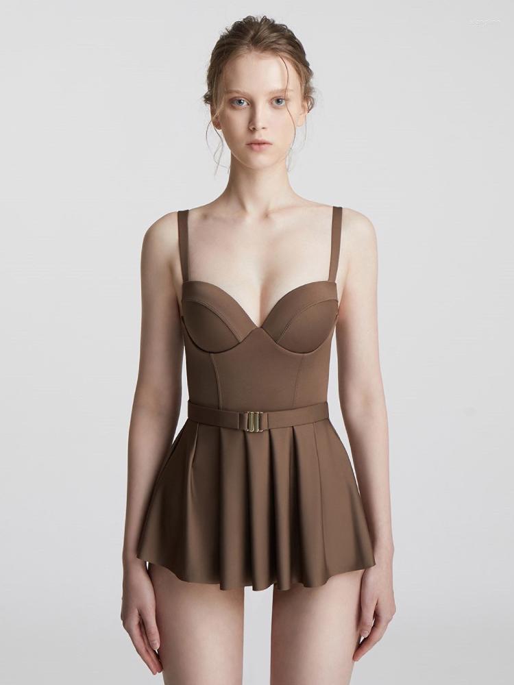 

Women's Swimwear Ladies V-neck 2022 One-piece Swim Dress Women Swimsuits Japanese Korean Style Temperament Solid Swimsuit Female, Brown