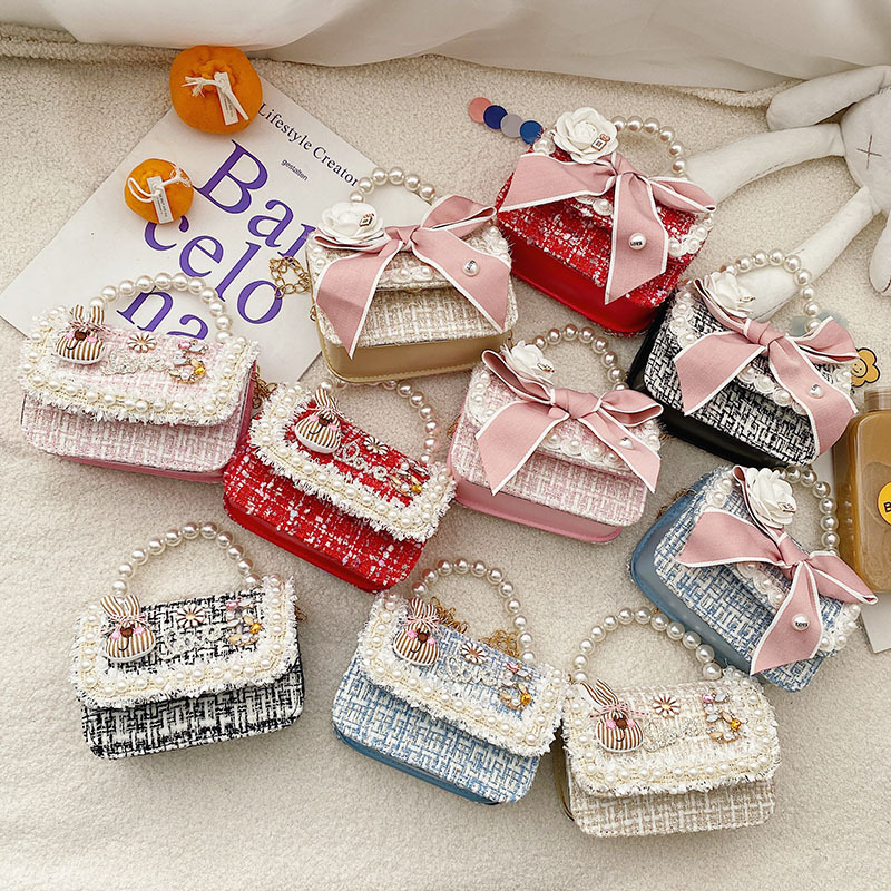 

Cute Girls Princess Handbags Crossbody Bag Woolen Pearl Handle Kids Fashion Wedding Tote Hand Bags Kawaii Baby Purses Gift, Pink /bow