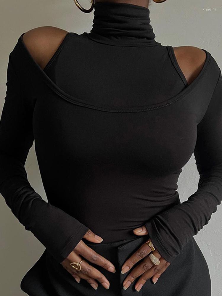

Women' T Shirts OMSJ Solid Fashion Two-piece Tops Set Streetwear Sexy Girl Slim Turtleneck Sleeveless Tank Top Round Collar Long Sleeve, Black