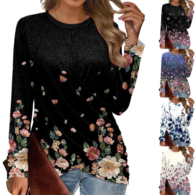 

Women's T Shirts Long Sleeve Compression Women Womens Fashion Casual Print Twist Front Tunic Shirt Woman Tee