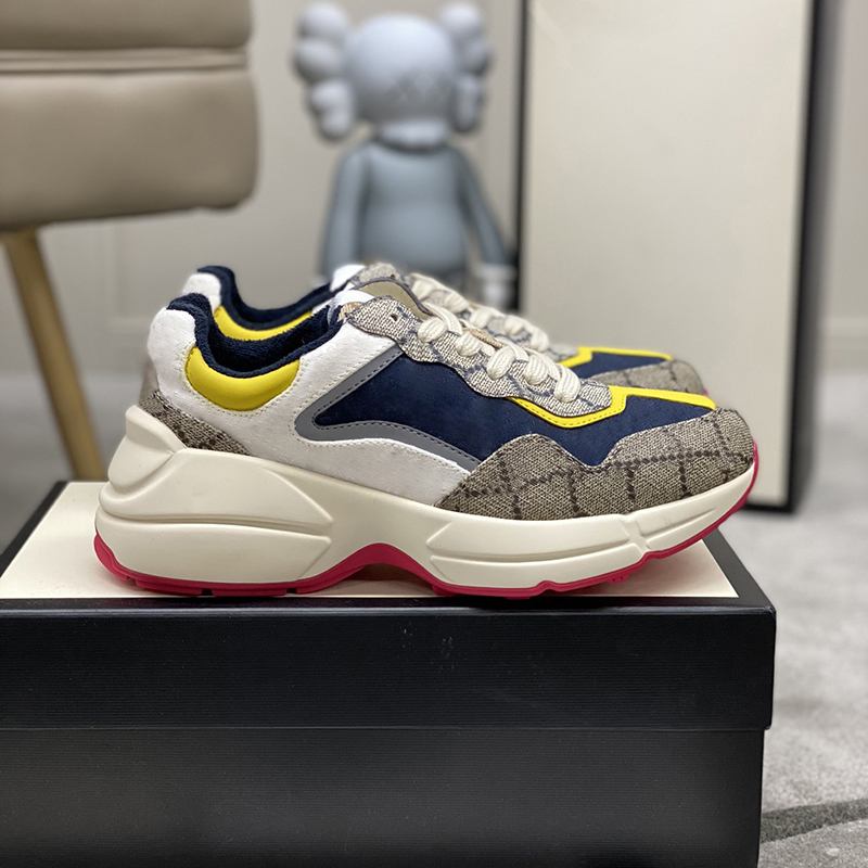 

2023 New Rhyton Designer Sneakers Casual shoes Men Women Platform Sneaker vintage daddy shoe Chunky beige canvas Leather interlock web printed Luxury mens trainers, #1- navy white beige canvas