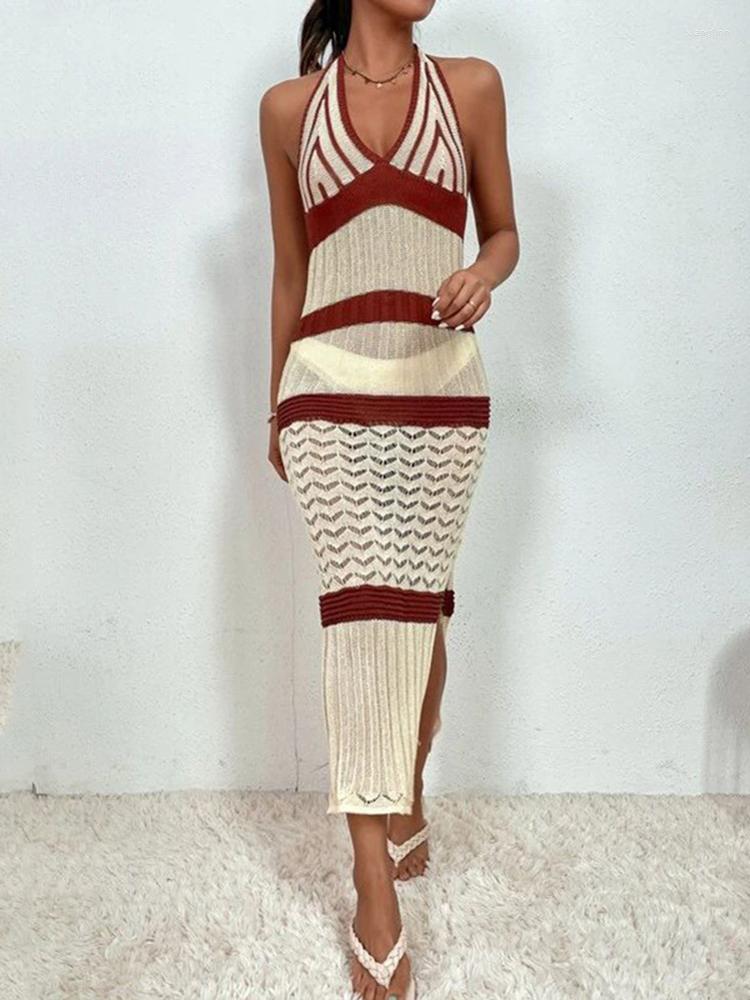 

Women's Swimwear Tank Dress Cover Ups Women Swimsuit Halter Backless Robes Summer Fashion Striped Print Beach Sexy Knitted Crochet Up, Black