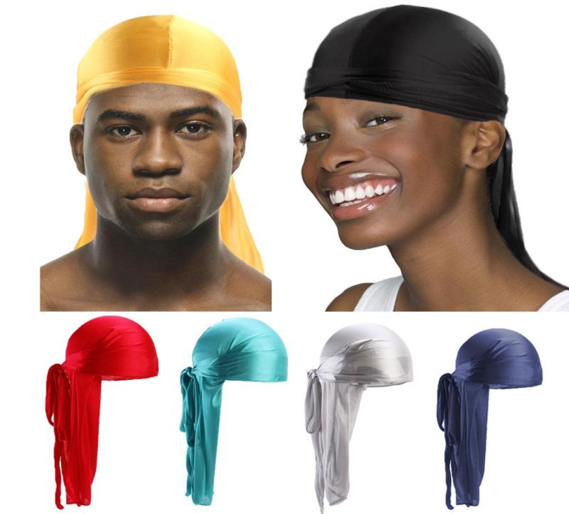 

Bandanas Satin Men Stretchy Cap Hip Hop Du Doo Rag Durag Wigs Turban Bandana Headwear Solid Color Long Hat Tie Down Tail Hair Acce8073345