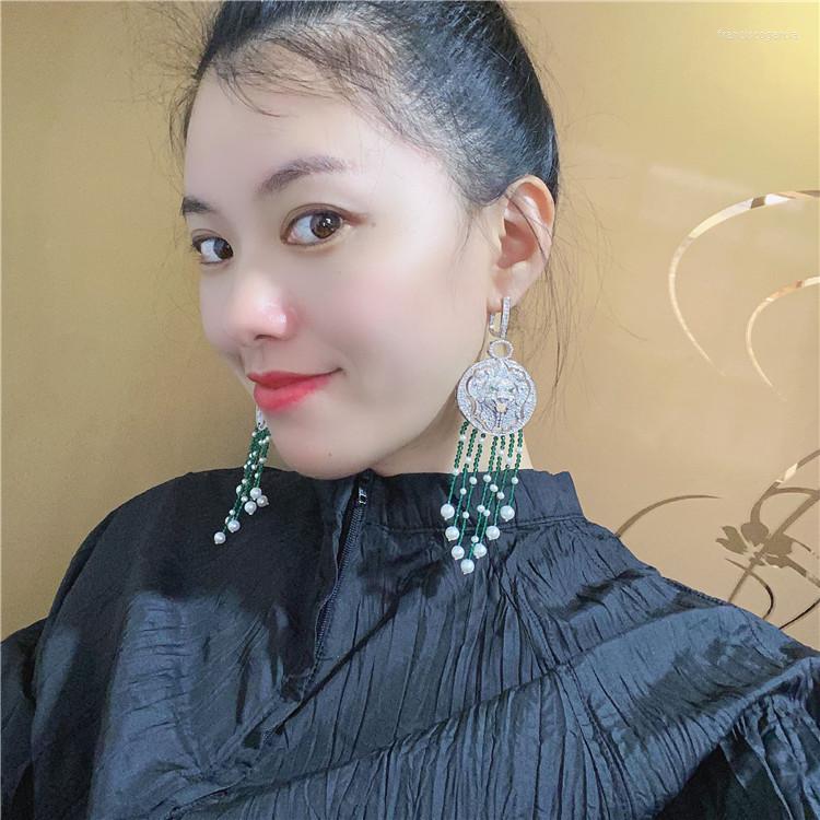 

Hoop Earrings Jage And Natural Pearl Long Tassel Micro Cubic Zircon Lion