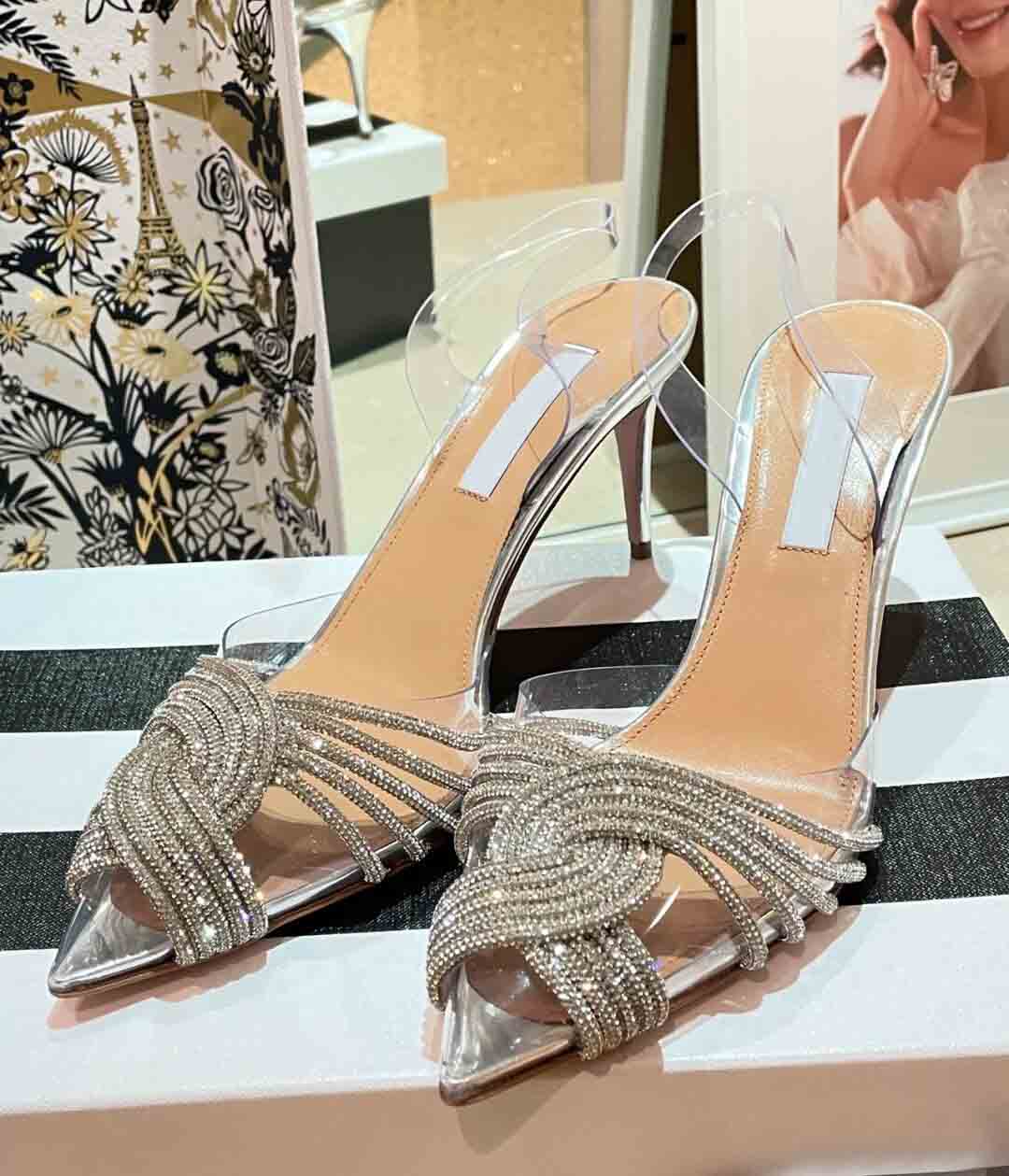 

Luxury design Women wedding dress shoes sandal high heels slingback shoe Aquaz- Beaded stiletto heel Strass pointy toe thin heeled with box 35-42