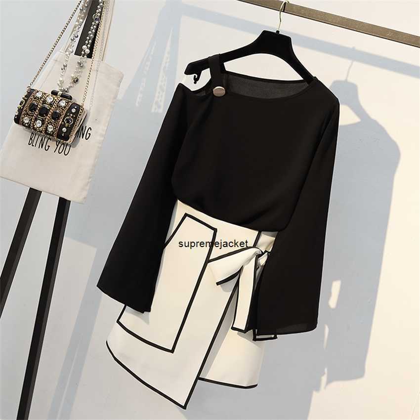 

Plus Size Long Sleeve Sets 2023 Autumn Women Shoulder t Shirt & Elegant Irregular Hem Skirt Suits Female Ice Work Set woman dresses, Picture color