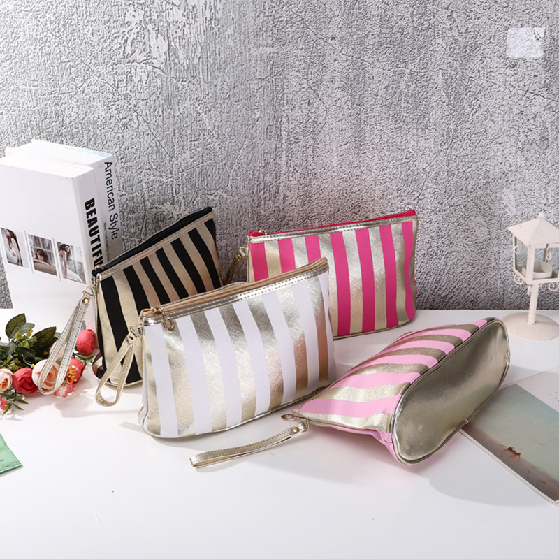 

200pcs Cosmetic Bags Women PU Gold Striped Pillow Shaped Large Capacity Waterproof Protable Wash Bag, White
