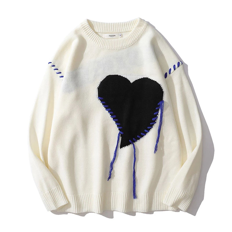 

QNPQYX Harajuku Heart-shape Pattern Tassel Knitted Ugly Sweaters Men Hip Hop Vintage Casual Loose O-Neck College Pullover Couples, Black