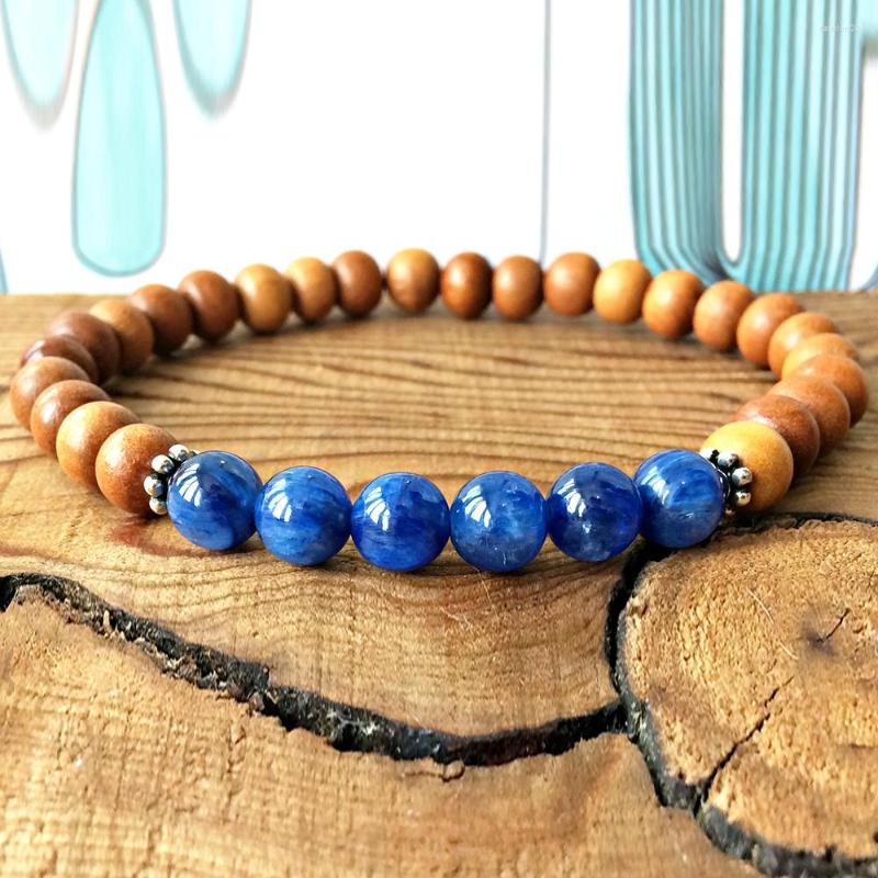 

Link Bracelets Wholesale Natural Sandalwood Blue Kyanite Bracelet High Quality Gem Stone Energy Design Yogi Mala