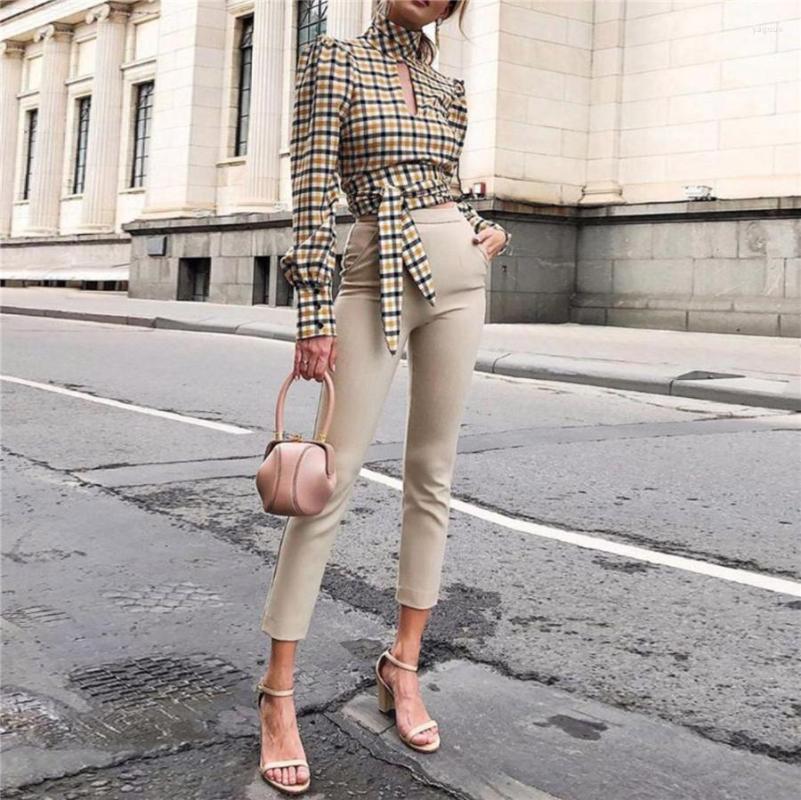 

Women' Blouses Woman Elegant Plaid Shirt Hollow Out Turtle Neck With Sashes Lace Up Tops Autumn Ladies Street Wear Backless, Picture shown