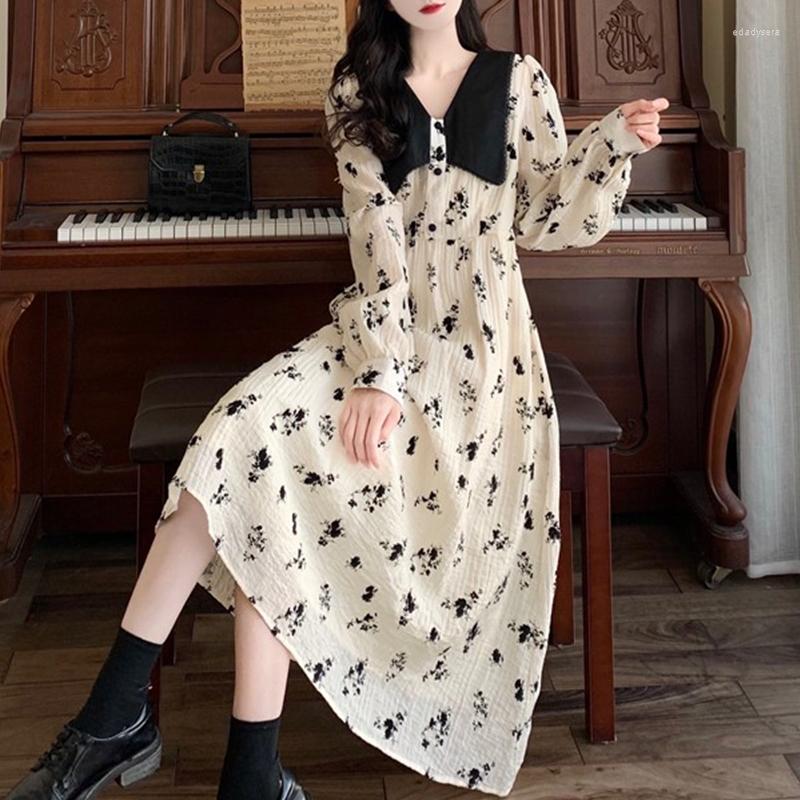 

Casual Dresses 2022 Korean Contrast Color Doll Collar Dress For Women's Clothing Spring Autumn Elegant Large Size Waist Floral D1822, Photo color