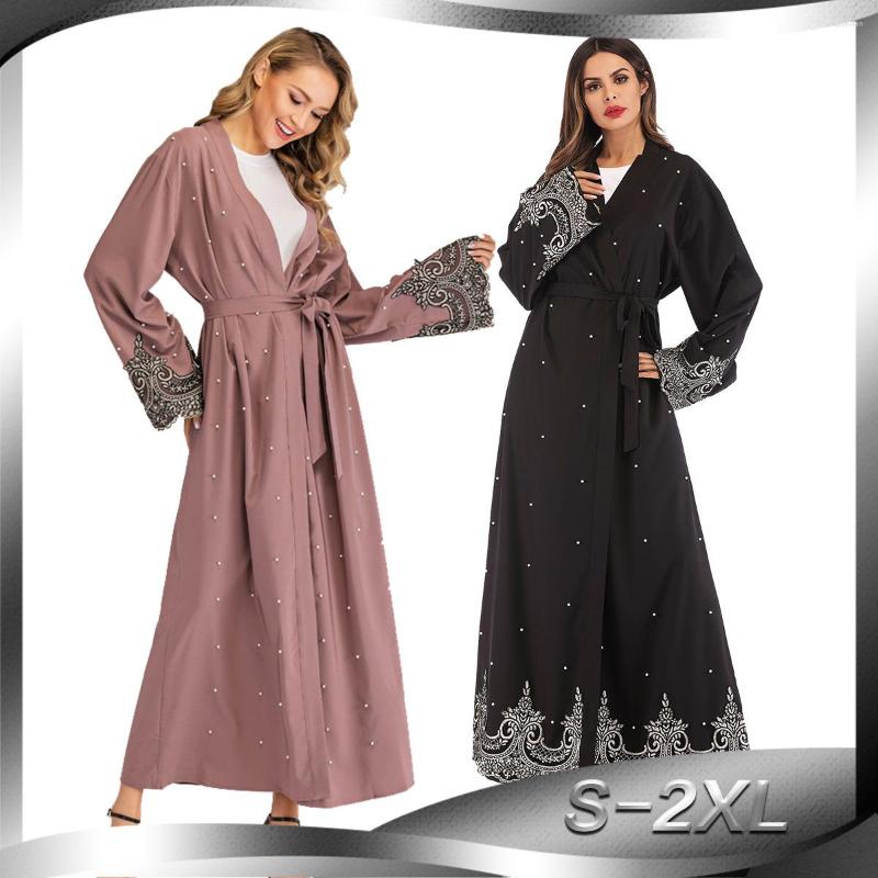 

Ethnic Clothing 2022 Middle East Muslim Long Sleeve Embroidered Beaded Robe Women Arab Cardigan Latest Abaya Designs Set Tie Dye Ruffled