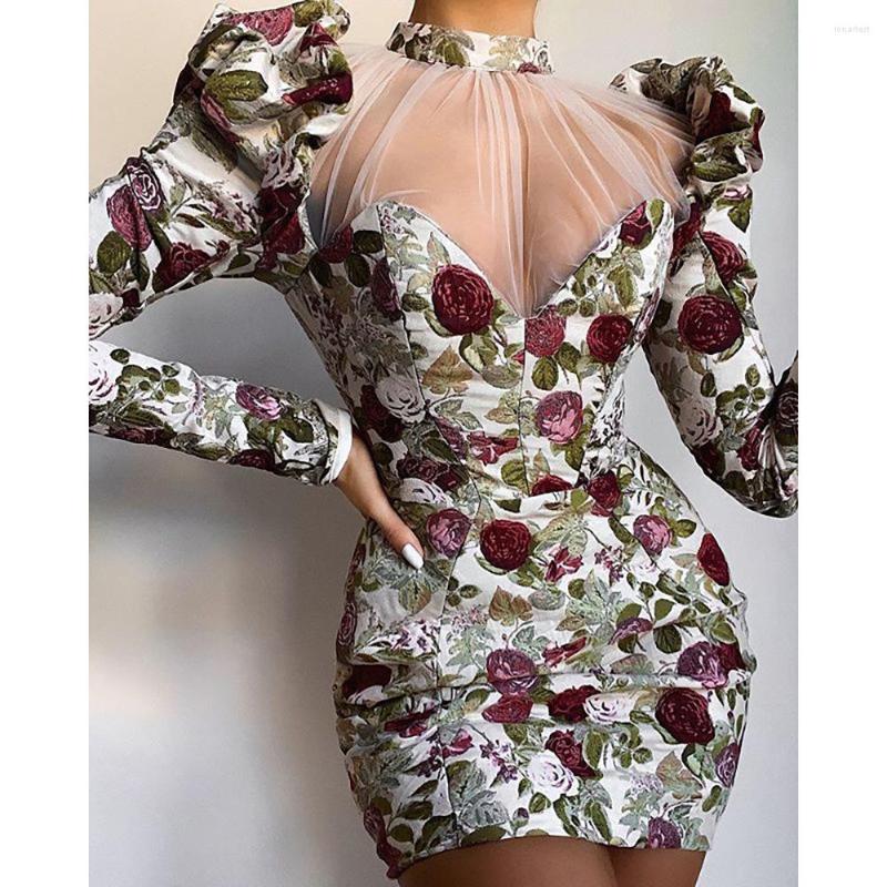 

Casual Dresses STYLISH LADY Floral Printed Elegant Dress Long Puff Sleeve O Neck Patchwork Mesh See Through Club Party 2022 Mini Vintage, As picture showed
