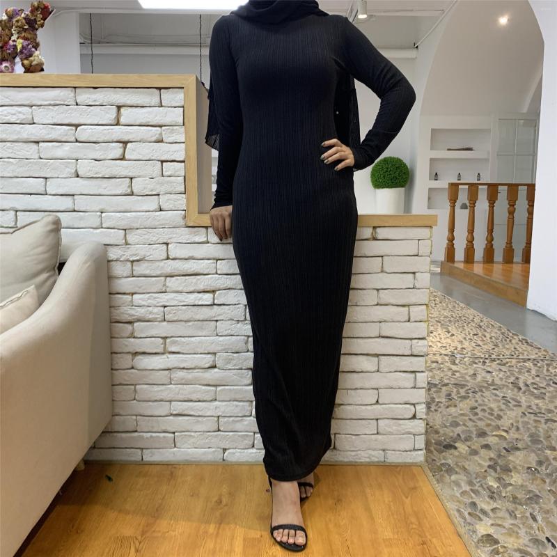 

Ethnic Clothing Autumn Winter Ribbed Knitting Muslim Women Dress Stretchy Fitted Bodycon Robe Solid Color Long Sleeves Dubai Turkey Modesty