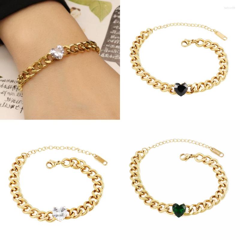

Link Bracelets Stainless Steel Color Heart Charm Bracelet For Women Thick Punk Fine Fashion Geometry Jewelry Gift