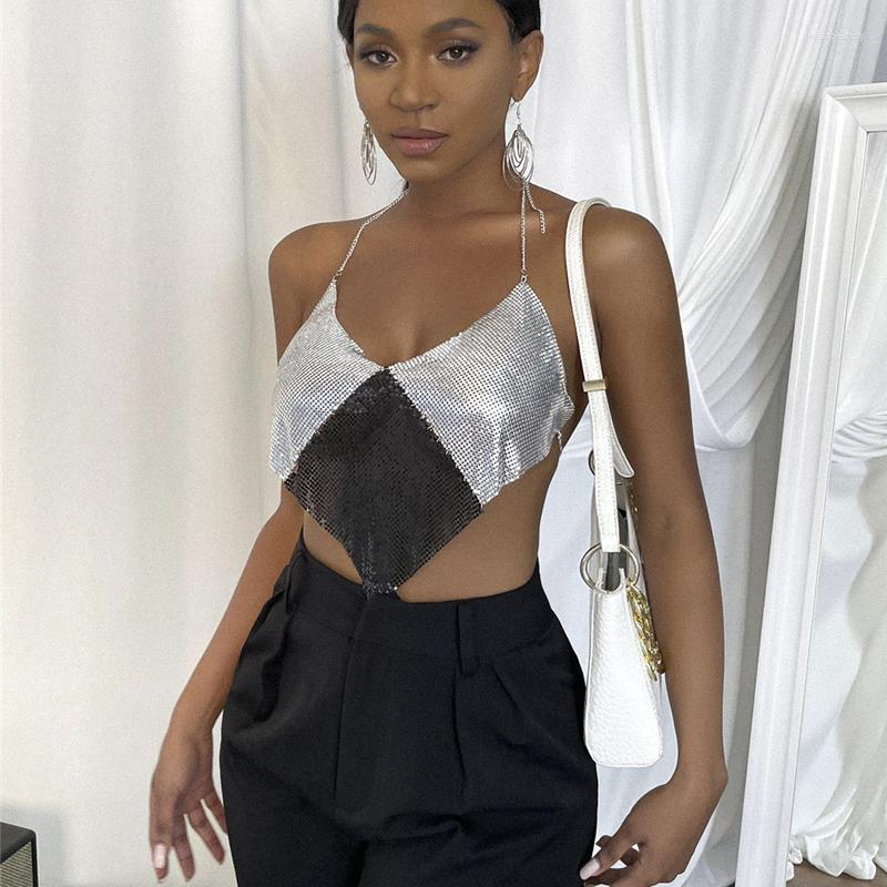 

Women's Tanks 2022 Fashion Metal Top Summer Women Crop Patchwork Backless Halter For Sexy Beach Night Club Party Wear, Silver