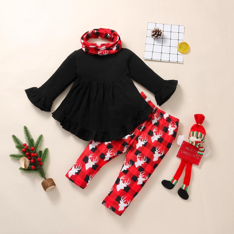 

Clothing Sets Girls Casual Three-piece Clothes Solid Color Round Collar Tops Printed Pattern Trousers And Neckerchief, Black