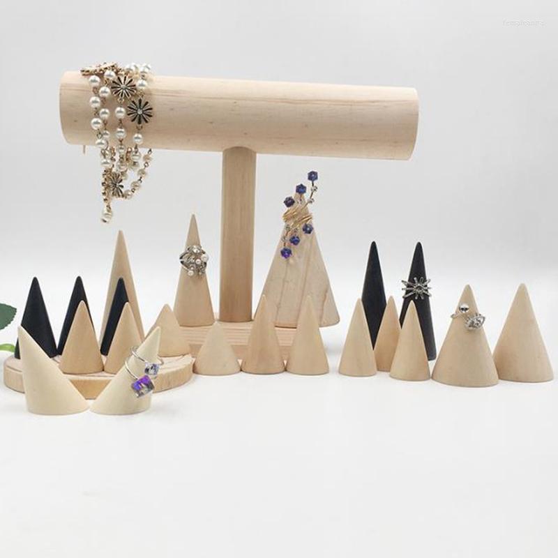 

Jewelry Pouches Vintage Natural Unpainted Wood Finger Cone Ring Holder Display Stand Storage Rack Practical