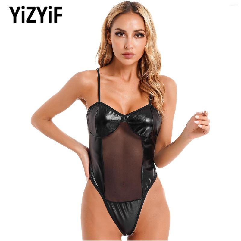 

Women' Swimwear Women One Piece Bodysuit Swimsuit Sleeveless Backless High Cut Bodysuits Patent Leather Mesh Catsuit Nightwear Clubwear, Black