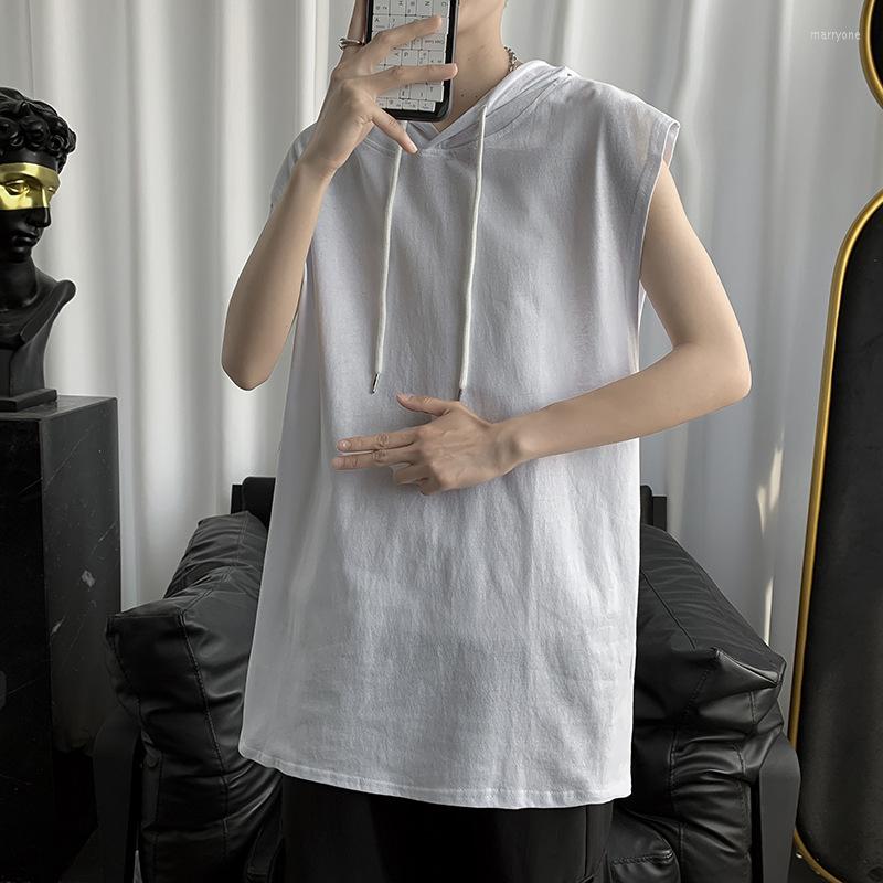 

Men's Tank Tops Sleeveless T-shirt Hooded Sweater Tide Brand Loose Oversized Sports 2022 Summer Solid Color Hip-hop Basketball Vest Hoodie, White