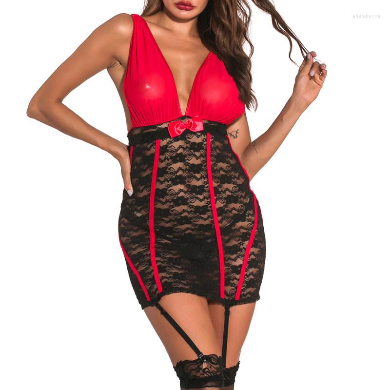 

Bras Sets Women's Retro Sexy Deep V Lace Suspender Body Bottoming Dress Set Red Lingerie Halloween Costume School Girl Uniform, Purple