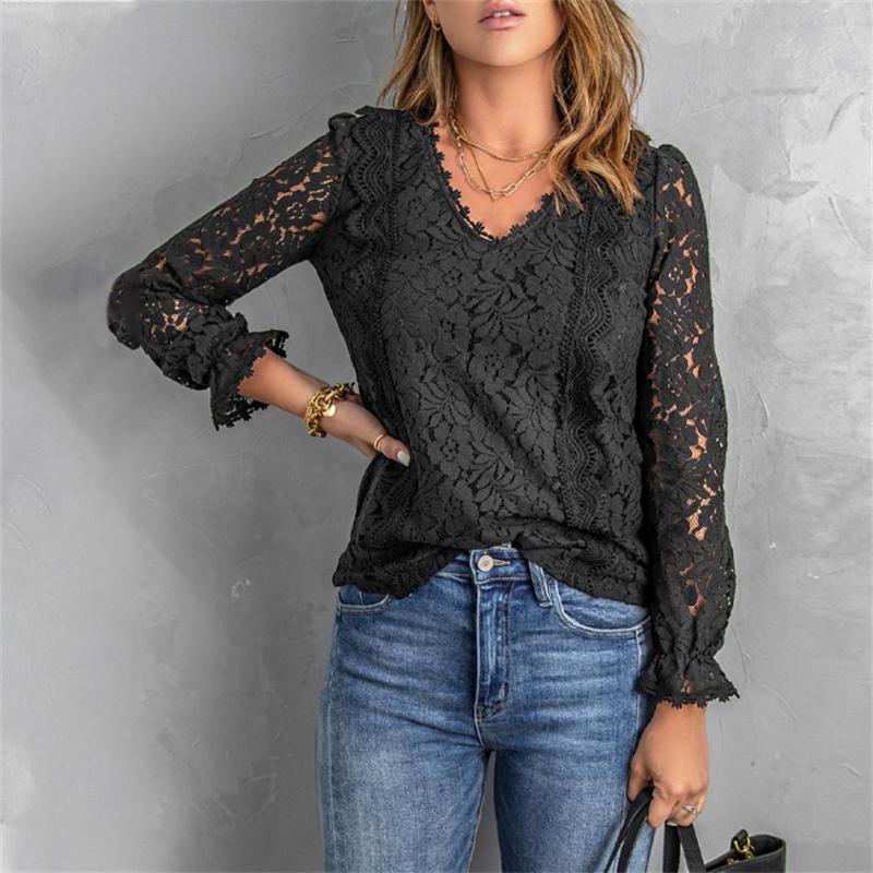 

Women' Blouses Fashion Lace Shirts Spring Summer Women Tops V-Neck Long Sleeves Elegant Lady Loose Solid Color Top Casual Blouse, Apricot