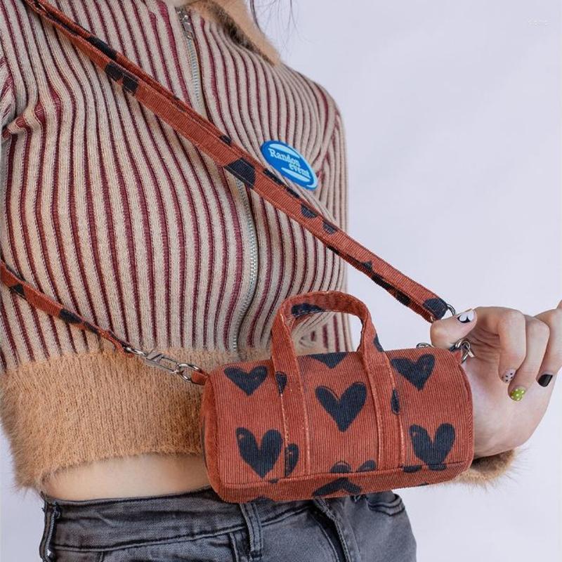 

Evening Bags MBTI Kawaii Mini Shoulder Bag Woman Fashion Corduroy Bolso Mujer Heart Print Girls Vintage Casual Bucket Zipper Sac Femme, Blue