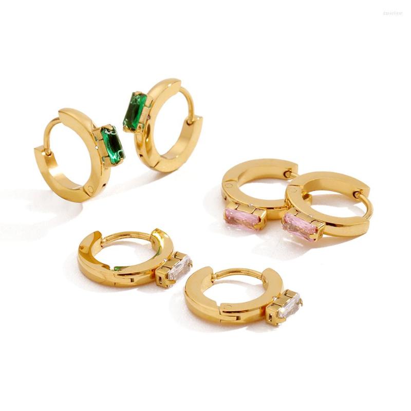 

Hoop Earrings Vintage 18K Gold Square Cubic Zirconia Stainless Steel Jewelry Gift Huggie For Women