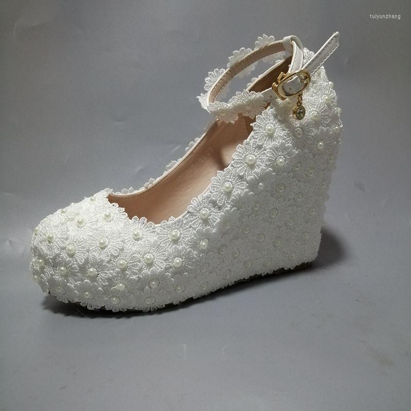 

Dress Shoes 11CM Super High Wedges Heels White Lace Wedding Pumps Woman Ladies Party Dinner Proms Pearls Platforms Bridal Shoe, Picture shown