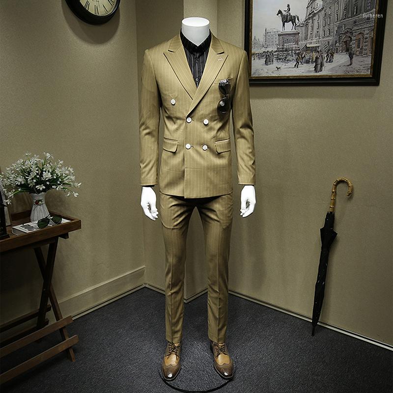 

Men's Suits For Men Double Breasted Khaki Grey Stripe Casual Man Suit Set Leisure Slim Style Thin Mens Clothing Wedding Dress 5 Sizes