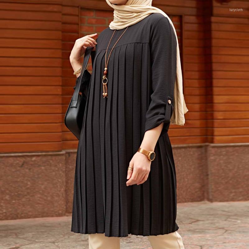 

Ethnic Clothing Pleated Tunic Women Long Sleeve Plus Size Tops Turkey Abaya Dubai Vintage Solid Muslim Arabic Islamic Blouse S-5XL
