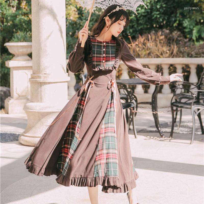 

Casual Dresses Summer Cottagecore Women Corduroy Plaid Long Sleeve Dress Fairy High Waist Ruffles 2022 Vintage Fashion Streetwear, Coffee brown