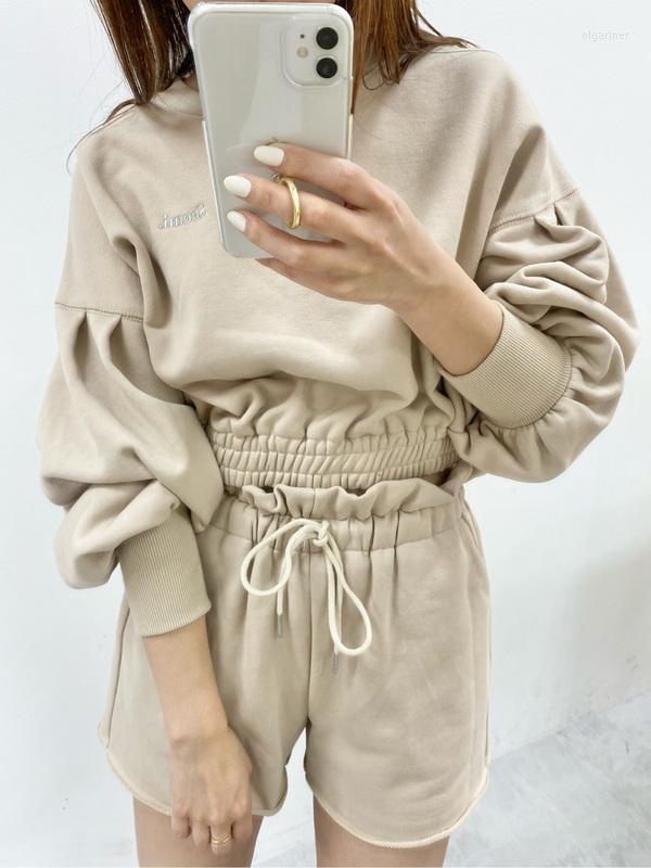 

Women's Tracksuits 2022 Spring Solid Color Sports Suit Round Neck Long Sleeve Sweatshirt Top Lace-up Shorts Fashion Casual Two-piece, Beige